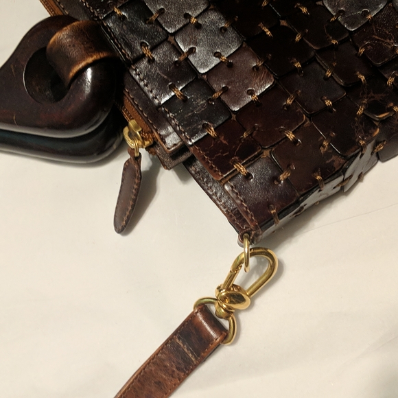 Vintage CEM Leather Tile Patchwork Purse Handbag Shoulder Bag Wood Handle Brown - Picture 8 of 15